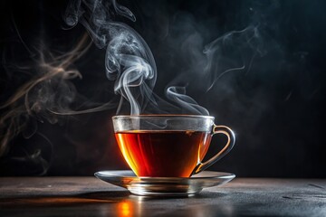 Steaming Cup of Black Tea - Dark Background Stock Photo