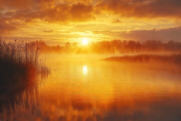 Obraz premium Sunrise over serene wetlands, where the morning light casts a golden hue on the water and reeds, creating a peaceful and reflective scene.