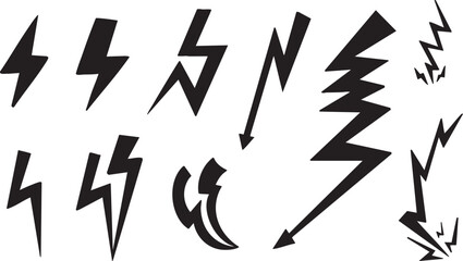 Hand-Drawn Electric Icons Set — Lightning Bolt Symbols. Vector. Black color. 
