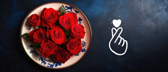 Fototapeta premium Red roses arranged on a vintage plate with a Korean finger heart symbol, expressing love and affection Perfect for Valentines Day, anniversaries, or romantic occasions