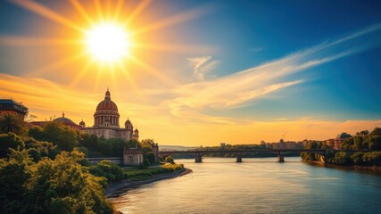 Golden Sunset over a River and Historic Building