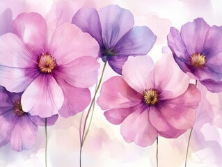 Fototapeta premium Serene watercolor cosmos delicate pinks and purples evoke tranquility