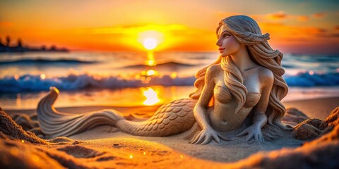 Stunning Bokeh Photo of a Sand Mermaid Sculpture on Beach at Sunset