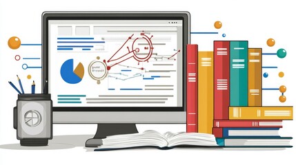 Data analysis research displayed on a computer screen alongside books and office supplies