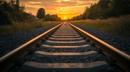 Fototapeta premium Empty railway tracks stretching into the distance with a serene sunset backdrop, peaceful and tranquil scene