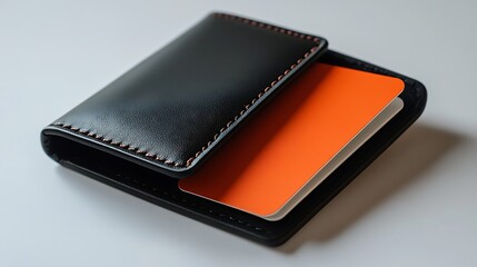  A black leather wallet with orange lining and two pockets, one of which has a black card inside.