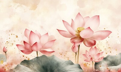 Serene watercolor lotus flowers soft pink gold accents peaceful tranquil