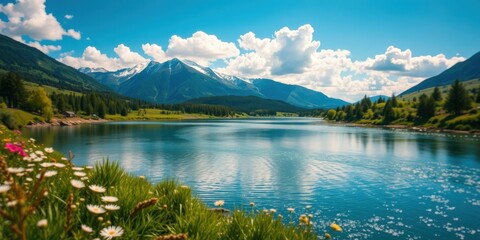 Obraz premium Serene mountain lake reflecting a vibrant sky, surrounded by lush greenery and wildflowers on a sunny day