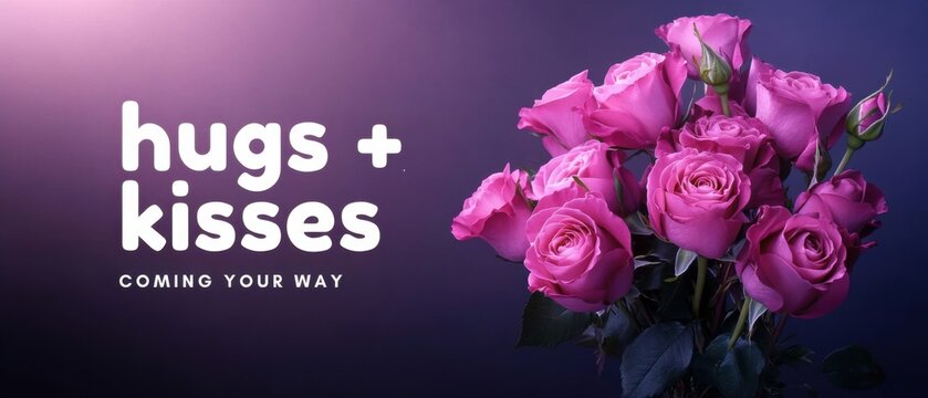 Bouquet of vibrant pink roses with Hugs Kisses Coming Your Way message on a dark purple background Perfect for Valentines Day, Mothers Day, or any romantic occasion - Powered by Adobe
