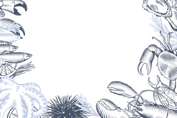 Hand drawn seafood and fish in line art style. Decorative frame for menus, invitations, or maritime themed designs
