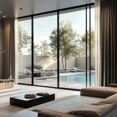 Modern Living Room with Pool View