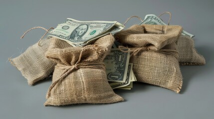 Burlap with dollar bills on gray background