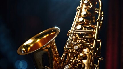 Close-Up of a Beautifully Crafted Saxophone Glimmering in the Spotlight, Showcasing Its Intricate Details and Reflective Surfaces, Perfect for Jazz and Music Themes in Visual