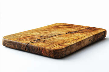 Rustic wooden cutting board showcasing natural grain patterns in high detail on a white background