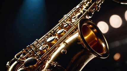 Fototapeta premium Close-Up of a Beautifully Crafted Saxophone Glimmering in the Spotlight, Showcasing Its Intricate Details and Reflective Surfaces, Perfect for Jazz and Music Themes in Visual