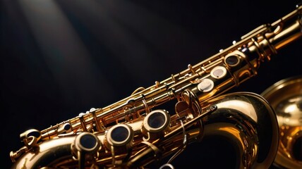 Close-Up of a Beautifully Crafted Saxophone Glimmering in the Spotlight, Showcasing Its Intricate Details and Reflective Surfaces, Perfect for Jazz and Music Themes in Visual