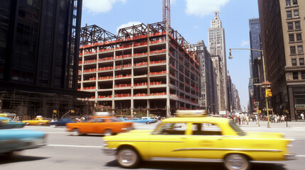 Building reconstruction works concept. busy street scene with building under construction and...