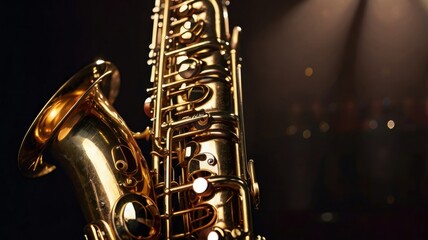 Fototapeta premium Close-Up of a Beautifully Crafted Saxophone Glimmering in the Spotlight, Showcasing Its Intricate Details and Reflective Surfaces, Perfect for Jazz and Music Themes in Visual