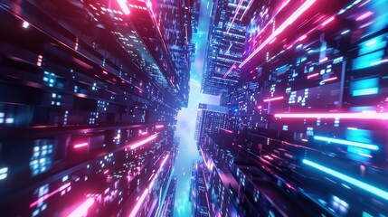 Naklejka premium A futuristic cityscape with vibrant neon lights and a sense of motion through a digital space.