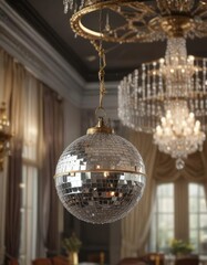 Obraz premium Glittering disco ball hanging from a chandelier, sparkling light, chandelier