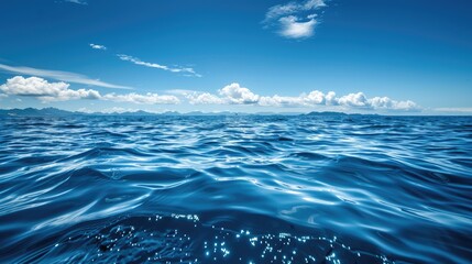 Concept of a calm blue water surface with bubbles seen at a low angle.