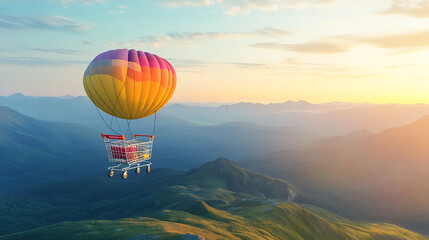 Obraz premium Colorful Hot Air Balloon Over Majestic Mountain Ranges at Sunrise