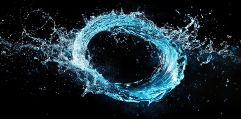 Dynamic blue water splash forming a spiral shape with full depth of field against a black background