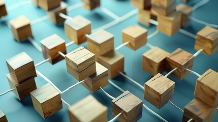 Fototapeta premium Company hierarchy organization chart of wooden cubes on blue background. human resource management