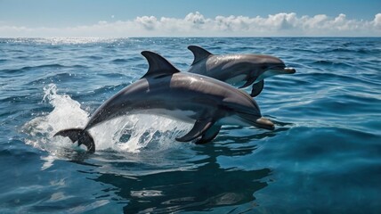 Obraz premium Graceful Dolphins Leaping Out of Crystal Clear Ocean, Capturing the Essence of Marine Life and Joyful Freedom in Their Natural