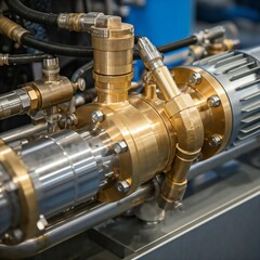 High-tech machinery close-up with valves, fittings, and hoses. Includes space for text, ideal for manufacturing, engineering, and automation projects.