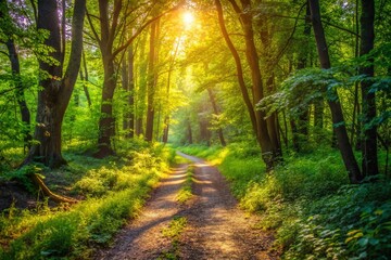 Obraz premium Sunlight Dappled Dirt Path Winding Through Lush Green Forest