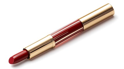  A sleek gold and red lipstick tube with a mirrored finish. The lipstick is a deep red shade, and the packaging has a luxurious and elegant design.