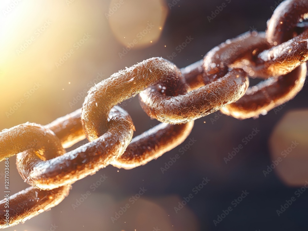 Poster close-up view of rusty metal chain links glimmering with light and dust in a soft focus background