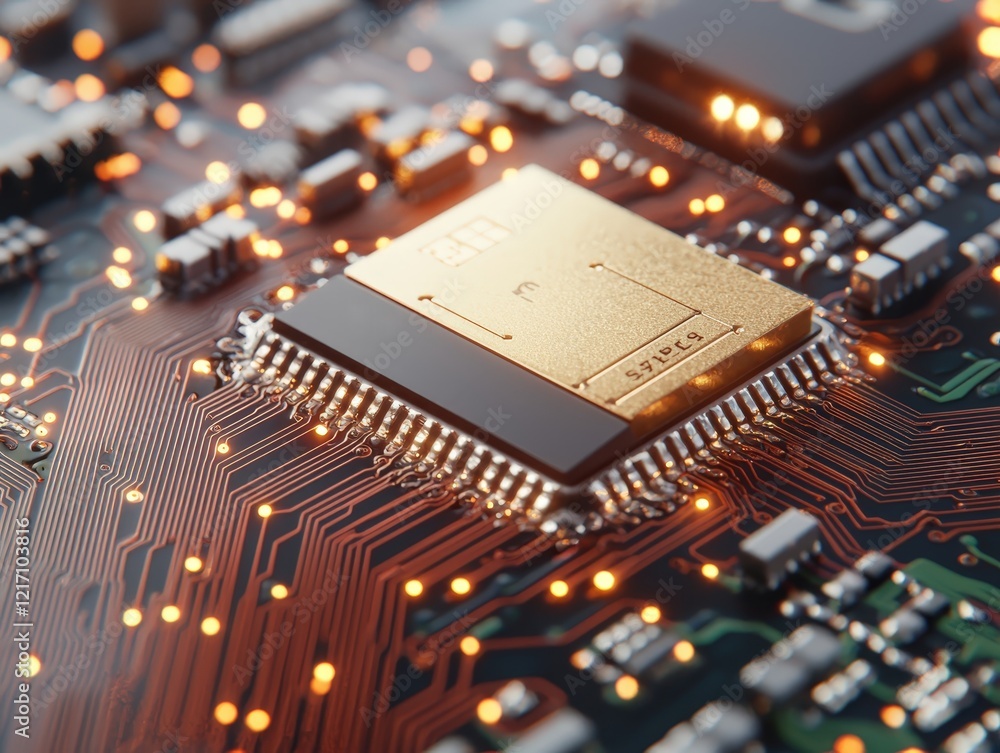 Poster close-up of a modern microchip on a circuit board showcasing intricate details and glowing connectio