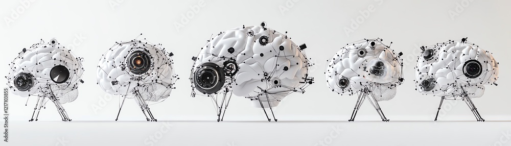 Poster 3d rendered human brain layout with sensors for computer testing, science and innovation, on white b