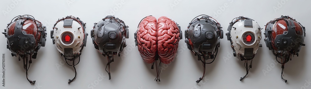 Poster 3d rendered human brain layout with sensors for computer testing, science and innovation, on white b