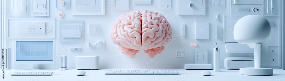 Poster 3d rendered human brain layout with sensors for computer testing, science and innovation, on white b