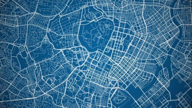 Ink reveal animation of Tokyo city, Japan, grid map. Aerial top view. Blueprint style. White lines with blue background. 4K Seamless loop.