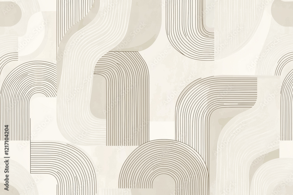 Poster scandinavian minimalist pattern with abstract line art and geometric forms in muted taupe and off-wh