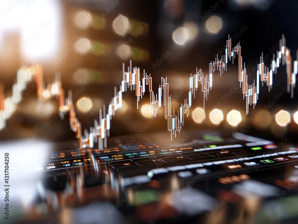 Poster digital stock market chart with candlestick patterns and blurred background of financial data analys