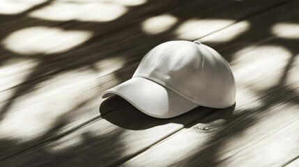 Obraz premium White baseball cap on wooden floor, sunlight shadows. Mockup for design