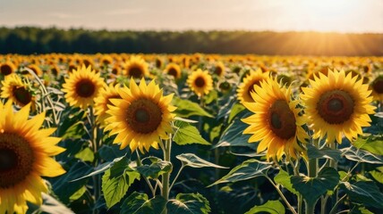 Fototapeta premium A Vibrant Field of Sunflowers in Full Bloom: A Breathtaking Display of Nature's Beauty and Resilience on a Clear Sunny Day, Perfect for Capturing the Essence of Summer