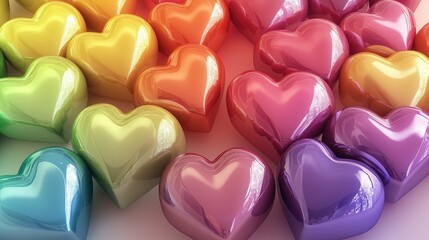 A collection of shiny, colorful heart - shaped objects in hues like yellow, orange, red, pink, and purple are closely packed together, creating a vibrant and cheerful scene, perfect for Valentine's Da