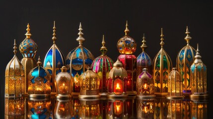 Obraz premium Group of glowing Arabic candle lanterns