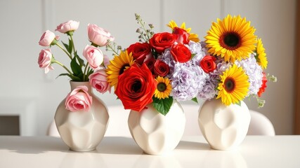 Fototapeta premium Three modern white vases filled with vibrant pink, red, and yellow flowers arranged on a table