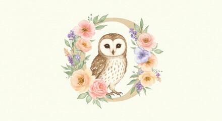 Watercolor barn owl in floral wreath with pastel blossoms and greenery