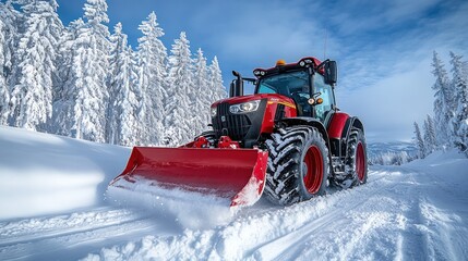 Tractor plowing snowy mountain road
