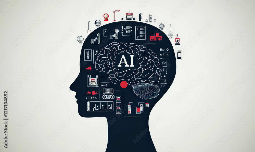 Poster the human head and brain are connected to various external icons and artificial intelligence concept