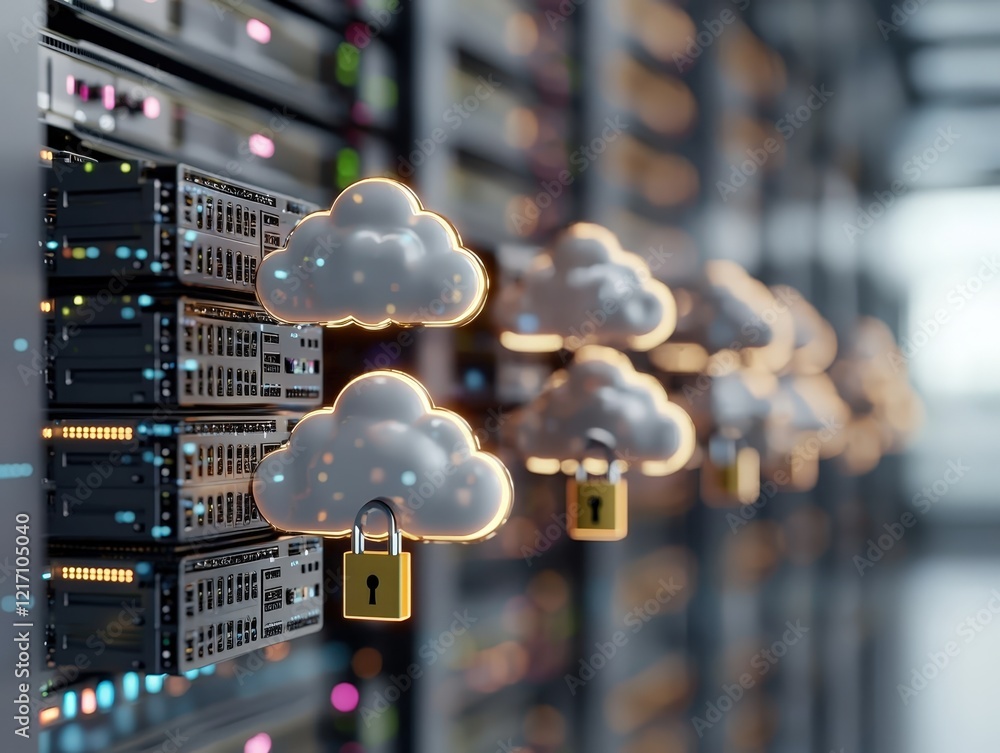 Poster digital cloud computing concept with secured cloud icons and server racks showcasing modern technolo