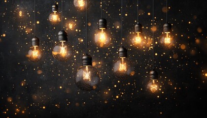 Obraz premium Bright lightbulbs suspended on strings against dark background, 3D rendering, creative inspiration, glowing innovation concept